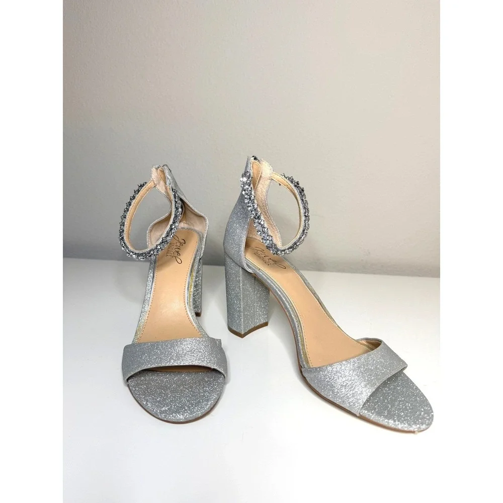 Jewel Badgley Mischka Silver Glitter Strappy Block Heels Women's Size‎ 8.5